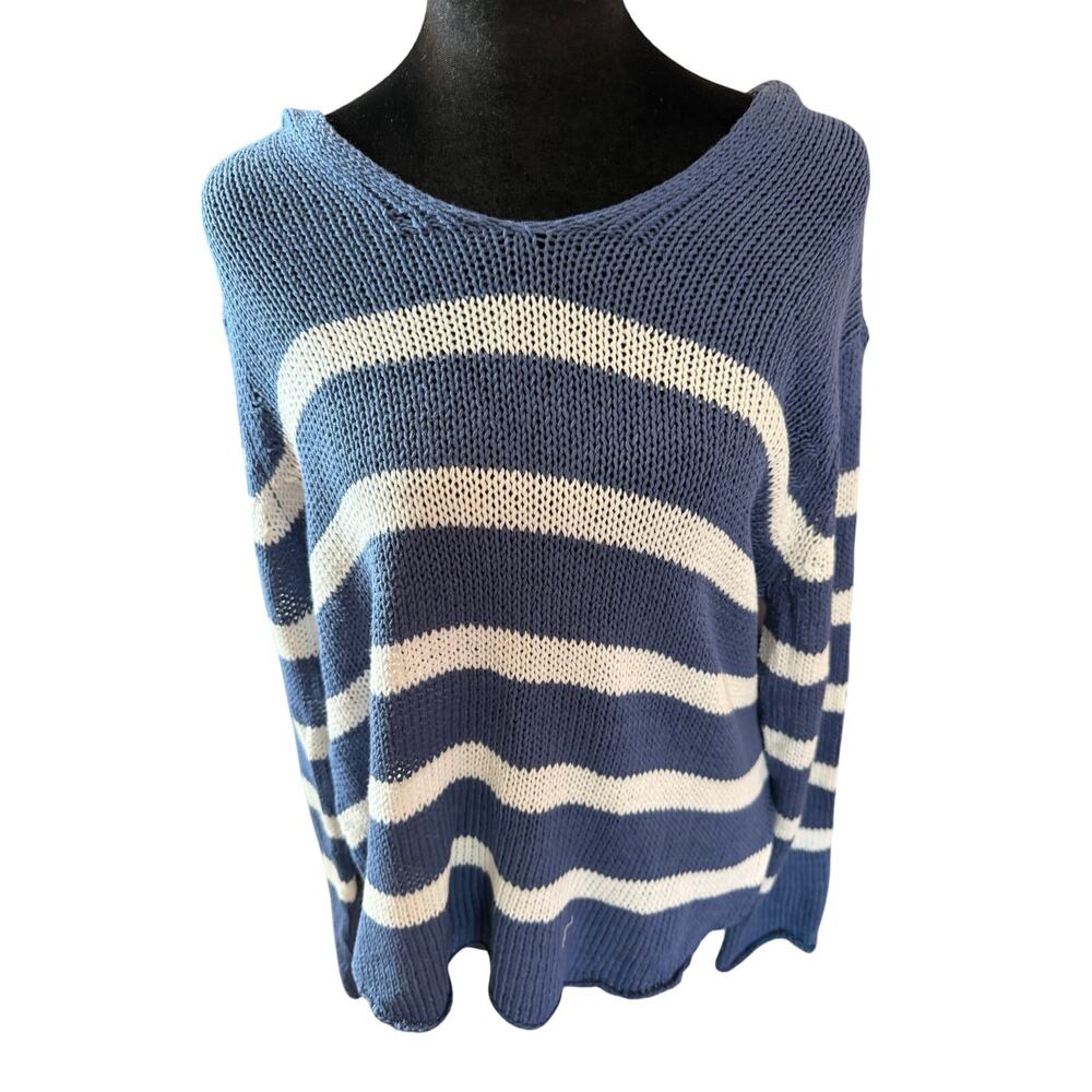 Wooden Ships Paola Buendia Striped Knit Hoodie Sweater Blue White S/M Coastal